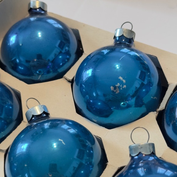 Holly Vintage Blue Glass Christmas Ornaments Set of 9 USA Made 2.25 Inch #214/9 - Picture 2 of 8